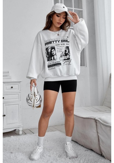 Madmext Beyaz Baskılı Oversize Kadın Sweatshirt Mg1923 Beyaz