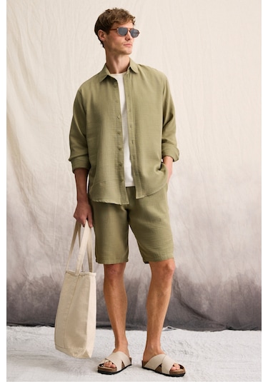 Raımo Erkek %100 Pamuklu Müslin Kumaş Manşetli Uzun Kol Comfort Fit Haki Gömlek