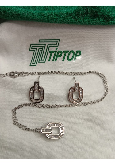Tiptop/ Gümüş Renk Zirkon Taşlı Baget Kolye Ve Küpe Set Gümüş