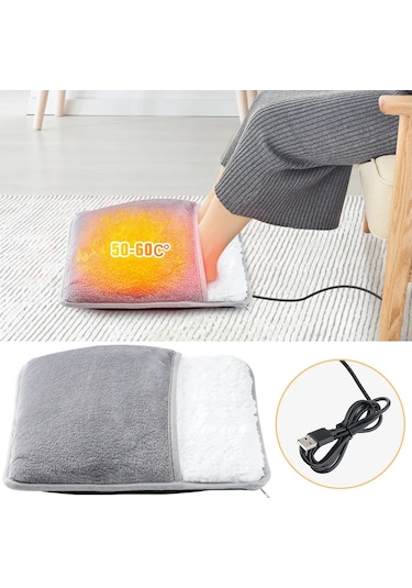 Kış Elektrikli Ayak Isıtma Pedi Usb Şarj Yumuşak Peluş Gri