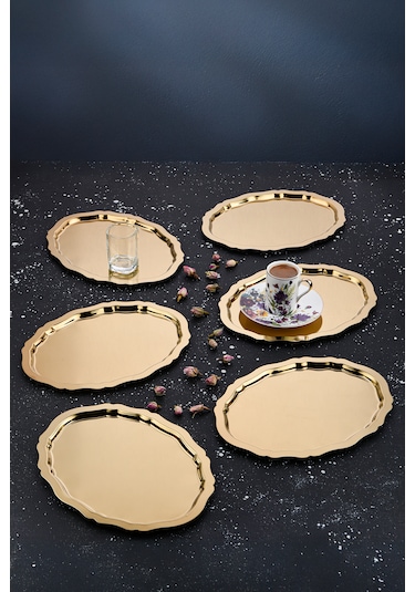6 Adet Oval Dalgalı Sade Kahve Ve Sunum Tepsisi 20 Cm X 25 Cm