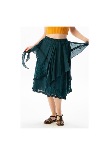 Salkım Vual Dantelli Saçaklı Uzun Yazlık Otantik Etek Petrol Ptrl-petrol Petrol