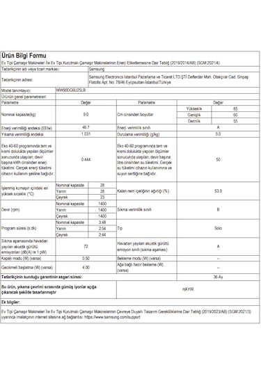Samsung WW90DG6U25LBAH 1400 Devir 9 KG Çamaşır Makinesi