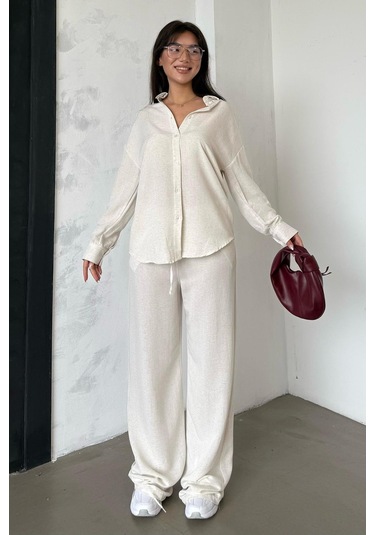 Madmext Karmelanj Keten Kadın Gömlek Pantolon İkili Takım Mg2356 Karmelanj