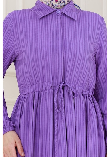Gömlek Yaka Beli Tünelli Sare Elbise-mor-5069 Mor