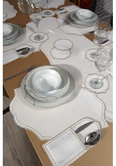 Damla Keten Nakışlı Amerikan Servis Takımı 19 Parça Bej Bej