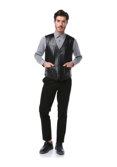 Dericlub 2145 Gerçek Deri Erkek Yelek Siyah