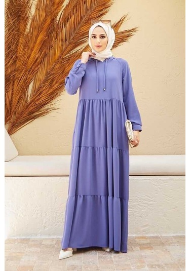 Neways 6531-Krep Kapüşonlu Reglan Kollu Elbise Eflatun