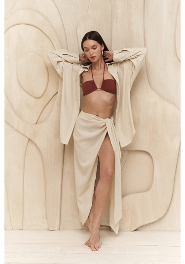 Charlotte Ekru Oversize Keten Gömlek Ekru