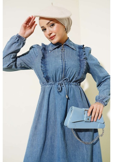 Fırfırlı Fermuarlı Balon Kol Kot Elbise Mavi