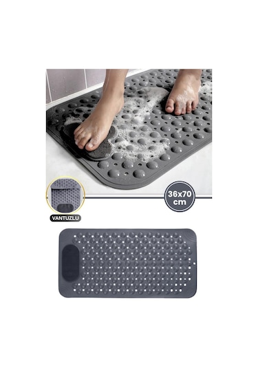 Vantuzlu Dikdörtgen Banyo Duş Kaydırmaz Paspas, Küvet İçi Banyo Zemini Ayak Masaj Halısı 70x36cm Gri