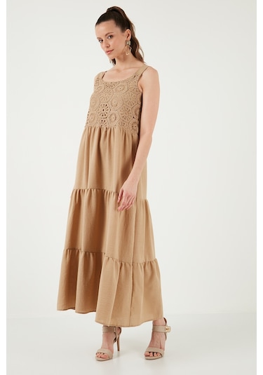 Lela Relaxed Fit Volanlı Uzun Bayan Elbise 611El010 Vizon