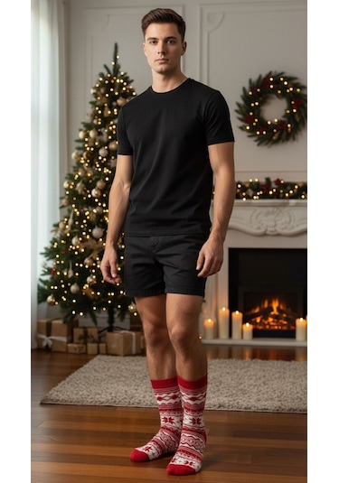 Plus Scorpion Erkek Yılbaşı Soket Çorap Pamuklu, Desenli, Sıcak Tutan Noel Temalı 40-45 Numara Kırmızı
