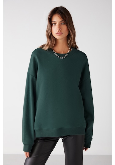 Grimelange Susana -  Kadın Bisiklet Yaka Içi Polarlı Oversize Fit Basic Koyu Yeşil Sweatshirt
