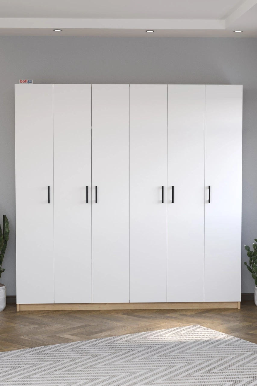 Bofigo 6 Kapaklı 16 Raflı Gardırop Elbise Dolabı 6 Kapaklı Gardırop Smyrna Safir Meşe Beyaz Kahverengi