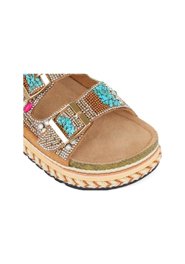 Guja 25y103 Kadın Mantar Platform Taban Taşlı Çift Tokalı Comfort Terlik Camel Fuşya