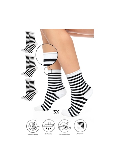 Bambu Kadın Lastiksiz Çizgili Soket Dikişsiz Premium Çorap 3'lü Paket / İz Bırakmaz / Sıkmayan Çorap Renkli Bambu Kadın Lastiksiz Çizgili Soket Dikişsiz Premium Çorap 3'lü Paket / İz Bırakmaz / Sıkmayan Çorap Renkli