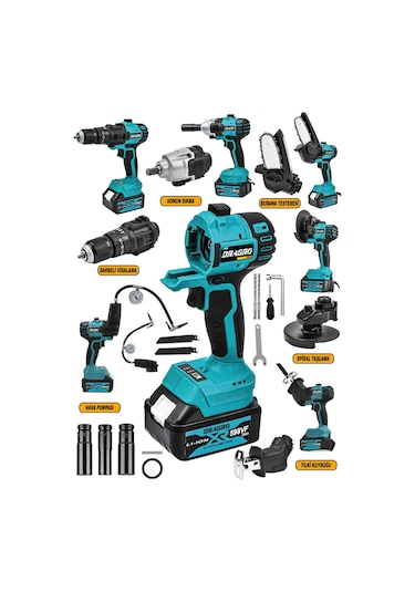 Dragro Alman DRG-SPR6 M Taşlama + Somun Sıkma + Tilki Kuyruğu + Dal Budama + Akülü Vidalama + Hava Pompası 6'lı Set