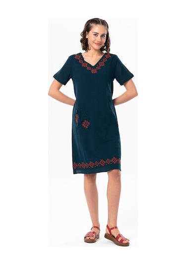 Kolsuz Şile Bezi Kruvaze Yaka Nakışlı Tülin Midi Boy Yazlık Otantik Elbise Petrol Ptrl-petrol