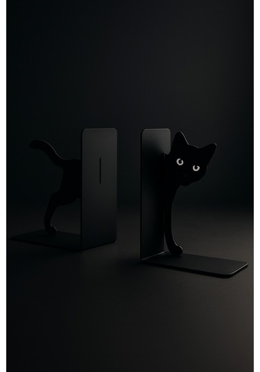 Sevimli Gözlü Kedi Figürlü Metal Kitap Tutucu 2 Li Set Dekoratif Kitaplık Ve Masa Üstü Aksesuarı