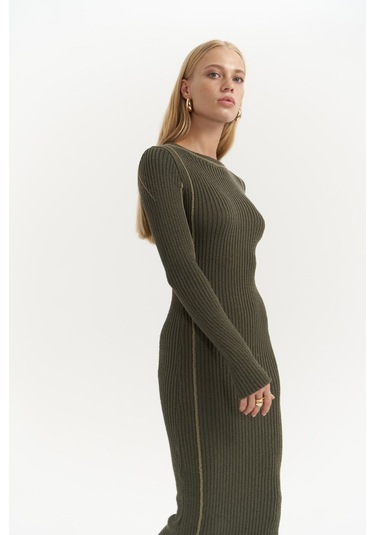Aston Çizgi Detay Haki Triko Elbise Haki
