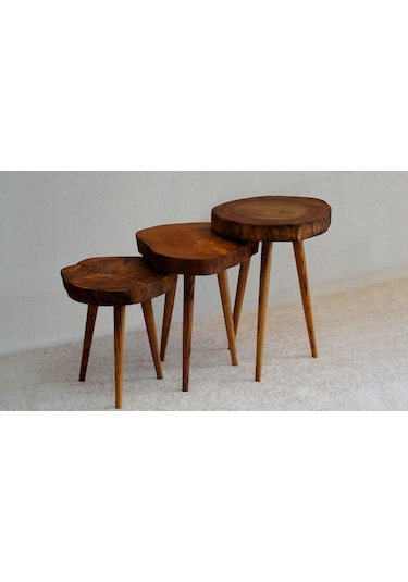 Doğal Ağaç Masif Dekoratif 3 Lü Zigon Sehpa Ağaç Ayak