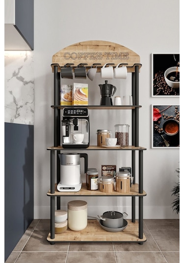 Coffee Time Dekoratif Kahve Standı Çok Amaçlı Dolap Meşe Meşe