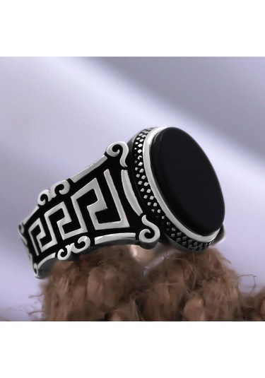 Vog Siyah Oniks Taşlı Greek Desen Özel Seri 925 Ayar Erkek Gümüş Yüzük