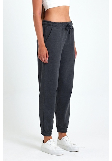 Kadın Antrasit Pamuklu Kalın Paçası Lastikli Yüksek Bel Rahat Jogger Eşofman Altı Antrasit