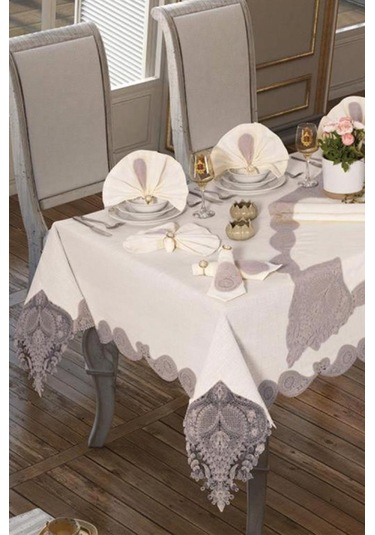 26 Parça Keten Zambak Masa Örtüsü Takımı Krem Gri Krem - Gri