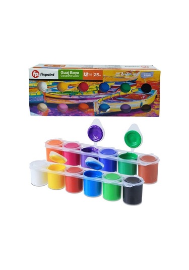 Guaj Boya 12 Renk 25ml 1 Paket Fixpoint Guajboya Seti 12 Li Su Bazlı Şişe Canlı Renkler Resim Okul Çok Renkli