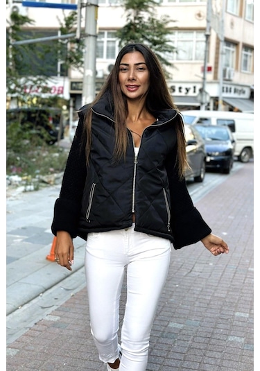 Keyifli Moda Kadın Siyah Dik Yaka Kolları Triko Cepleri Fermuarlı Şişme Mont - 36 Siyah