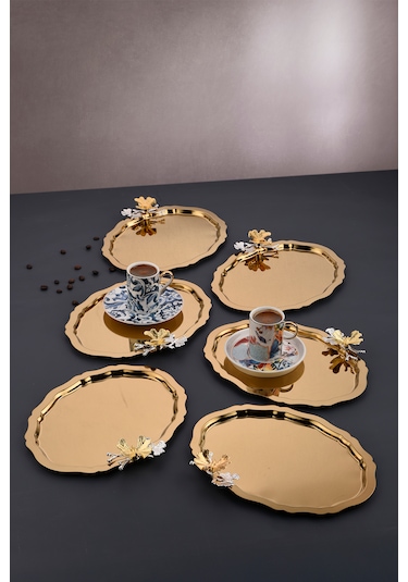 Oval Gold Kelebekli Kahve-çay Sunum Tepsisi 20x25 Cm
