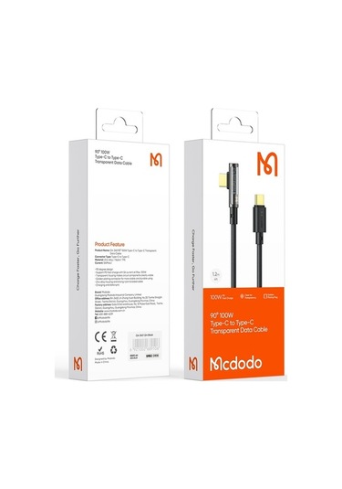 Moly Mcdodo Ca-3401 1.8m Type-c-type-c 90 Derece 100w Hızlı Şarj Şeffaf Veri Kablosu - İphone 15 Serisi Uyumlu