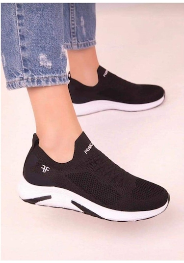 Günlük Kadın Erkek Unisex Sneaker Triko Nefes Alabilen Yürüyüş Bağcıksız Esnek Spor Ayakkabı Siyah - Beyaz