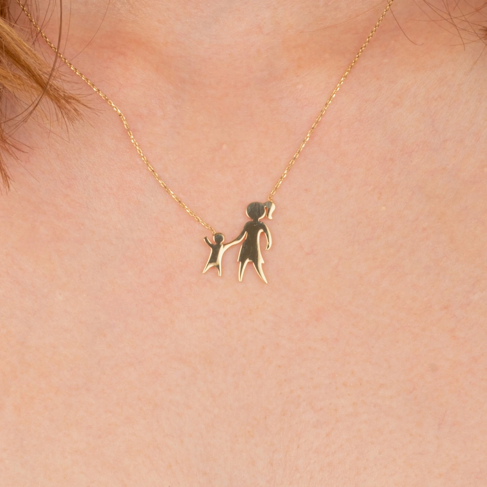 Gümüş Kolye - Anne Kız 925 Ayar Gümüş Kolye Sarı