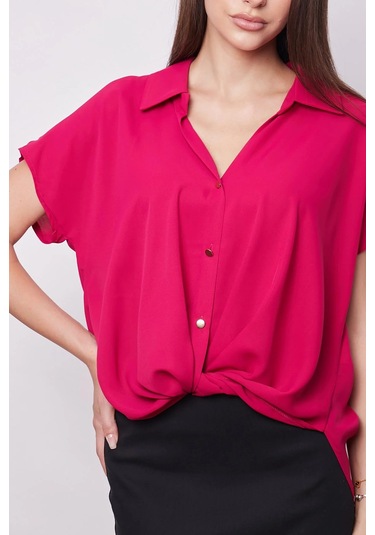 Likrasız Şık Kumaş Yakalı Düşük Omuzlu Önü Pileli Gömlek-vişne Vişne