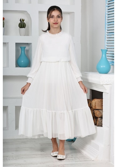 Kız Çocuk Uzun Boydan Pliseli Pamuklu Şifon Uzun Elbise Beyaz