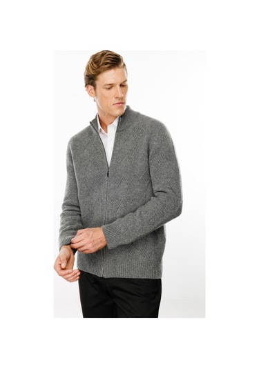 Erkek Dik Yaka Baklava Desenli Yün Ceket Füme Füme