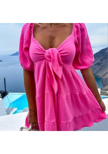 Yaz Kadın Elbisesi Moda Peplum Bağlamalı V Yaka Kısa Kollu Elbiseler Gül Kırmızısı