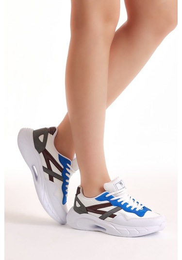 Tonny Black Kadın Beyaz Sax Faylon Taban Şeritli Bağcıklı Spor Ayakkabı Beyaz - Saks