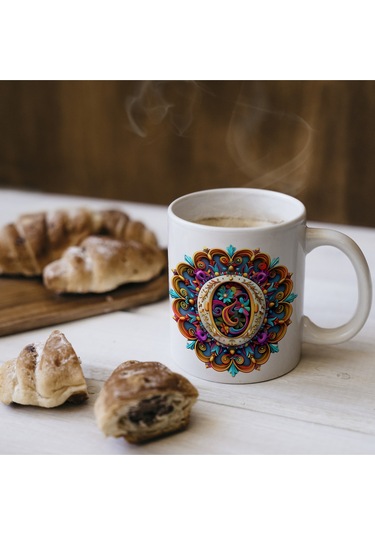 O Harfi Boho Bardak, Renkli Özel Tasarım Hediyelik Harfli Kupa, 330ml Porselen Beyaz