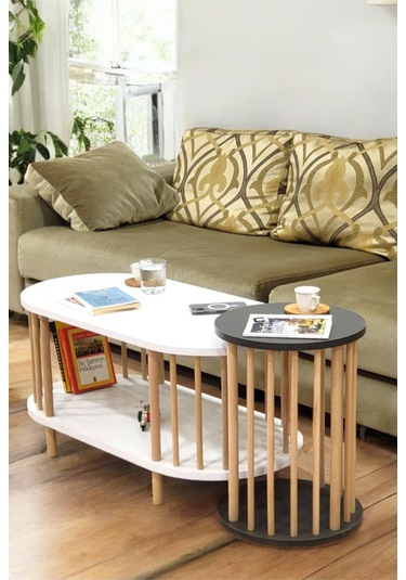 İkili Set Orta Sehpa Ahşap Ayaklı Sehpa İki Raflı Sehpa Dekoratif Sehpa Gazetelikli Beyaz - Antrasit