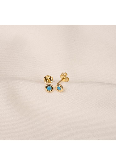 Altın Küpe - 14 Ayar Altın Minimal Firuze Turkuaz Taşlı Küpe Sarı