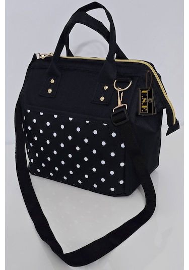 Sıcak, Soğuk Isı Yalıtımlı Termal Termoslu Yemek, Mama, Beslenme, Gıda İçin Askılı Taşıma Çantası Siyah Puantiye Siyah