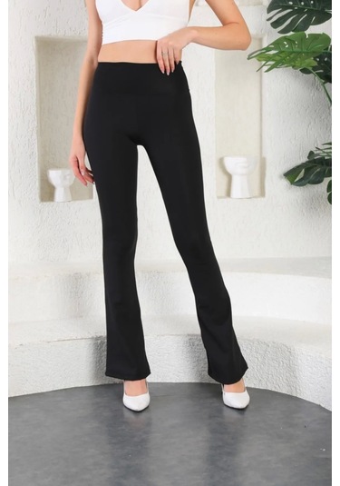 Enenstyle Fashıon Boutıque Yüksek Bel Toparlayıcı Şık İspanyol Paça Dalgıç Kumaş Rahat Şık Günlük Tayt SiYAH