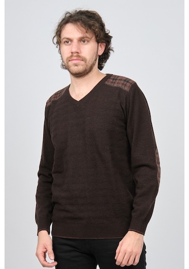 Desen Triko Erkek V Yaka Saf Yün Kazak 0246538 Kahverengi Kahverengi