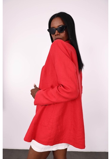 Kırmızı %100 Ham Keten Ceket Kırmızı