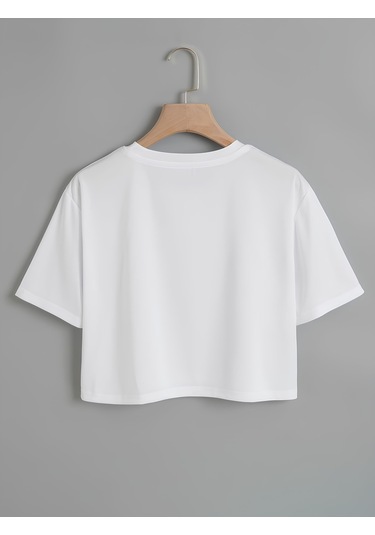 Kadın Oversize Bisiklet Yaka Düz Crop T-shirt - Beyaz