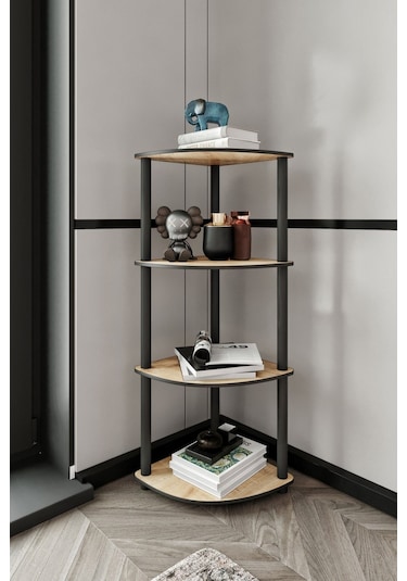 4 Katlı Dekoratif Köşe Kitaplık Meşe Meşe